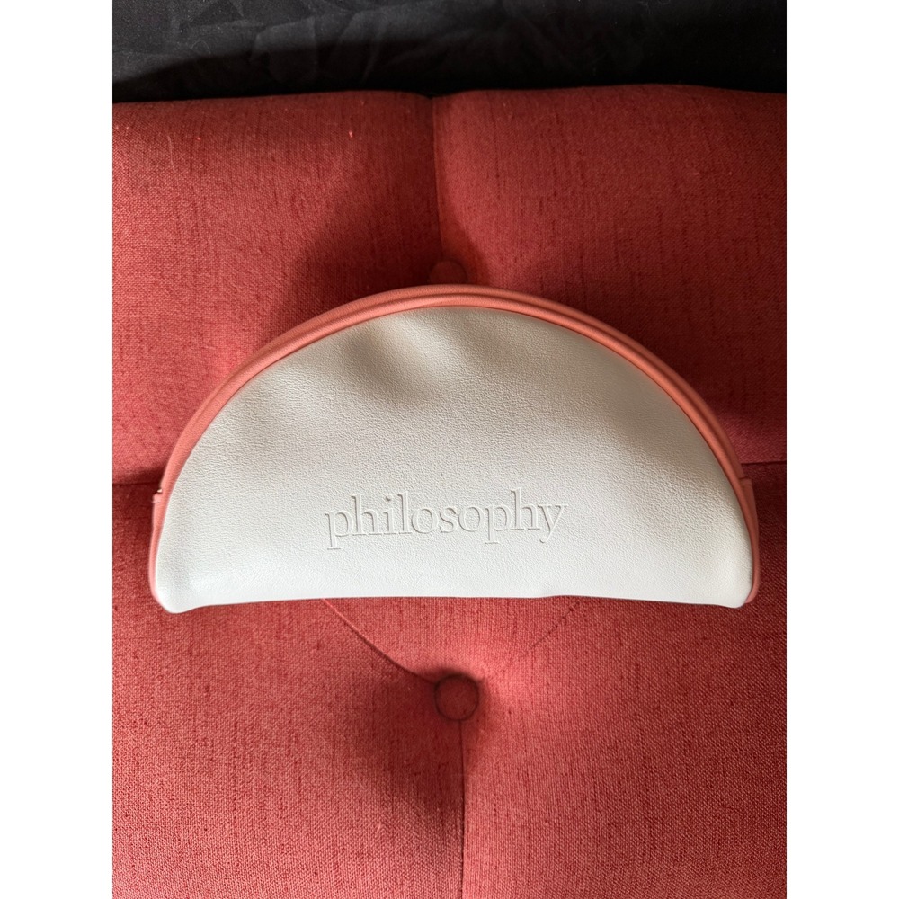 Philosophy Cosmetic Bag Half Moon Makeup Pouch White Coral Pink Gold Zipper
